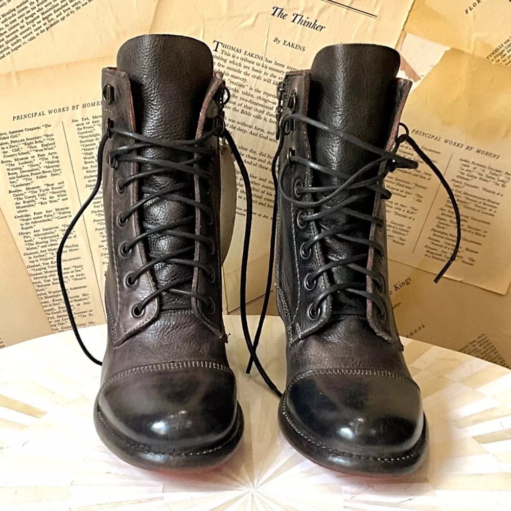 Free People Bed Stu Brooklyn Lace Up Ankle Boot Black Rustic Leather - Picture 8 of 10